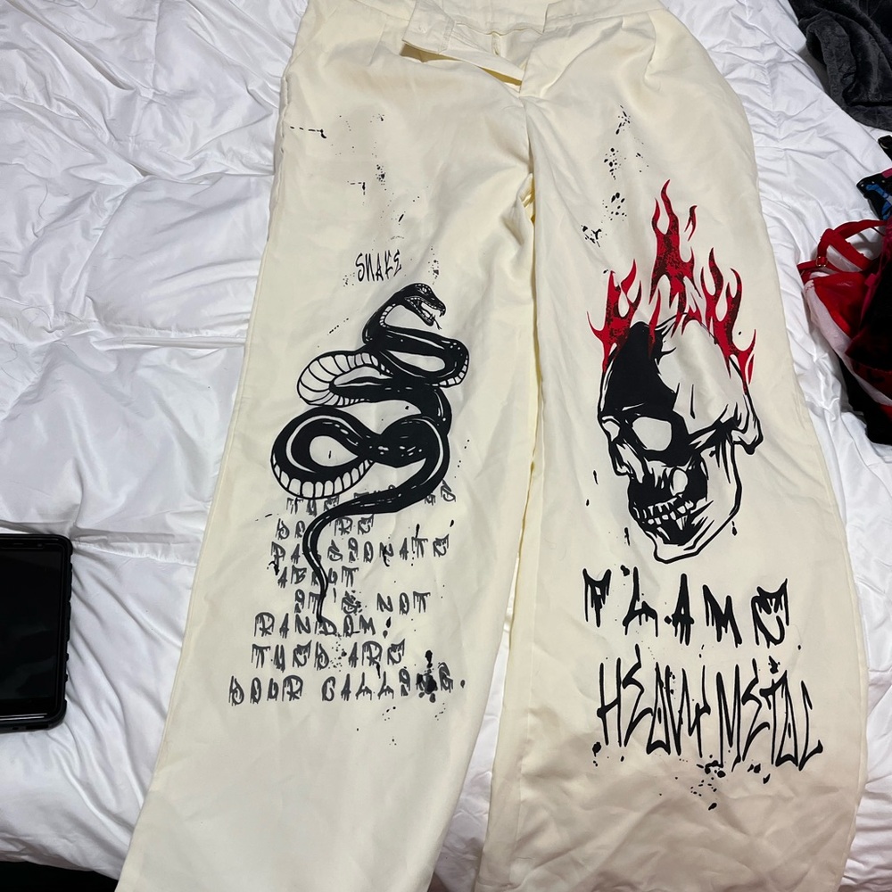 Graphic Cream Pants with Snake and Skull Design
